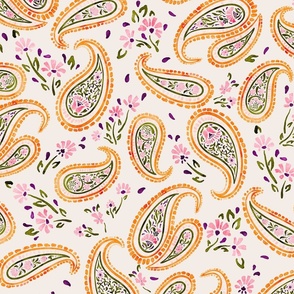 paisley floral pattern , orange-pink-green-purple 