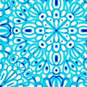 Happy abstract flower summer mandala in turquoise and dark blue LARGE