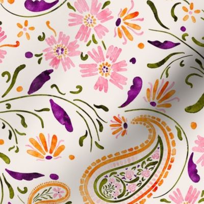Floral paisley pattern, pink-orange-green-purple 