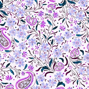Floral paisley pattern . Magenta-purple-blue 