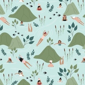 Wild swimming friends - fresh river spring day in the mountains skinny dip diving girls green mint water pink