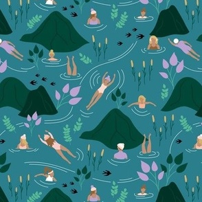 Wild swimming friends - fresh river spring day in the mountains skinny dip diving girls teal green mint lilac night 