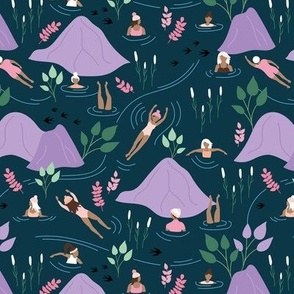 Wild swimming friends - fresh river spring day in the mountains skinny dip diving girls mint lilac on navy blue 