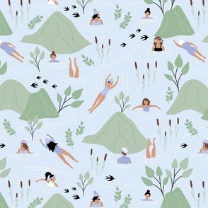 Wild swimming friends - fresh river spring day in the mountains skinny dip diving girls sage green blue lilac pastel palette 