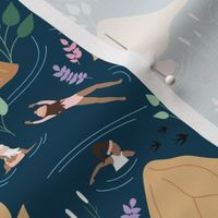 Wild swimming friends - fresh river spring day in the mountains skinny dip diving girls caramel green lilac pink on navy blue 