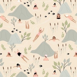 Wild swimming friends - fresh river spring day in the mountains skinny dip diving girls vintage gray sage green blush on cream 