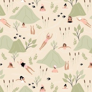 Wild swimming friends - fresh river spring day in the mountains skinny dip diving girls vintage sage green blush on cream 
