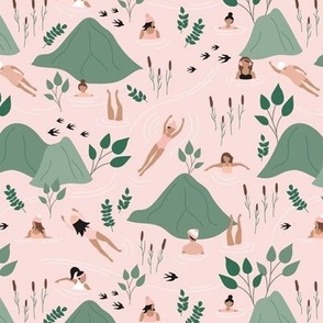 Wild swimming friends - fresh river spring day in the mountains skinny dip diving girls olive green on blush pink 