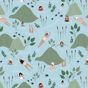 Wild swimming friends - fresh river spring day in the mountains skinny dip diving girls olive green on baby blue 