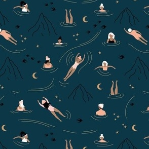 Wild swimming friends - midnight skinny dip friends under the moon and stars mountain vacation adventure trip blush peach on navy blue