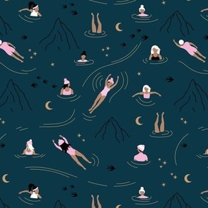 Wild swimming friends - midnight skinny dip friends under the moon and stars mountain vacation adventure trip celestial golden pink on marine blue