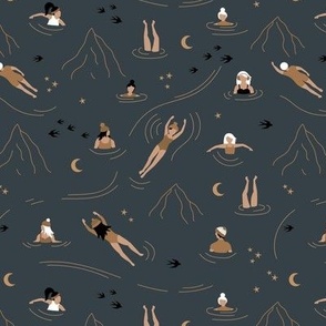 Wild swimming friends - midnight skinny dip friends under the moon and stars mountain vacation adventure trip celestial vintage golden caramel on cool charcoal gray 