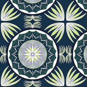 Circled mandala flowers in honeydew and lilac on midnight blue background small