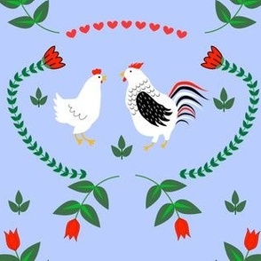 Folk Art White Chickens - Hens and Roosters- on violet