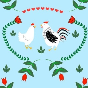 Folk Art White Chickens - Hens and Roosters- on Blue