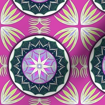 Honeydew and lilac on hot pink mandala flower tiles small