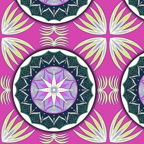 Honeydew and lilac on hot pink mandala flower tiles small