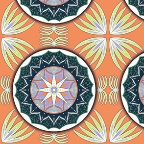Honeydew, lilac and salmon mandala flowers tiled and symmetrical large