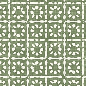 Batik Block Print Floral Squares in Sage Green and Natural White (Large Scale)