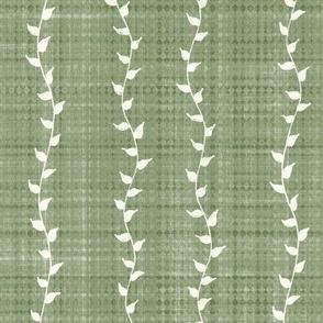 Pin Stripe Doodle Vines on sage green boho texture  (Large Scale)