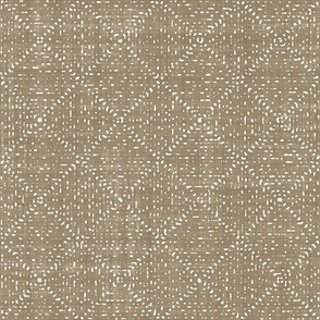 Batik Block Print Textured Diamond Checks in Mushroom Brown and Natural White (Medium Scale)