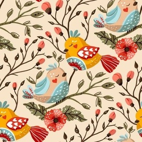 Ornate cute bird. Summer garden design.