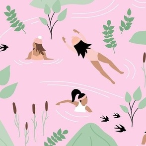 Wild swimming friends - fresh river spring day in the mountains skinny dip diving girls vintage mint green on pink LARGE
