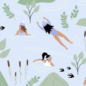 Wild swimming friends - fresh river spring day in the mountains skinny dip diving girls sage green blue lilac pastel palette LARGE