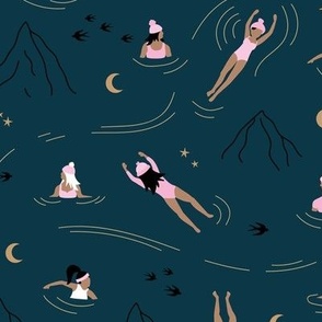 Wild winter swimming friends - midnight skinny dip friends under the moon and stars mountain vacation adventure trip celestial golden pink on marine blue LARGE 