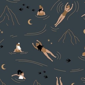 Wild winter swimming friends - midnight skinny dip friends under the moon and stars mountain vacation adventure trip celestial vintage golden caramel on cool charcoal gray LARGE