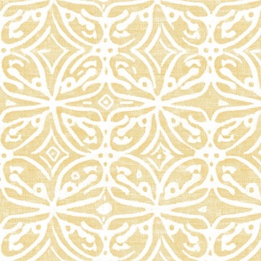 Boho Rubber Blockprint Off-white ornaments on bright sunflower yellow with linen structure - medium scale