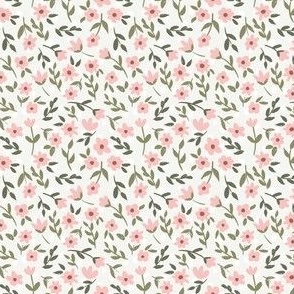 Pretty ditsy floral in neutral 2 x 1.5 inch small scale, pink and green