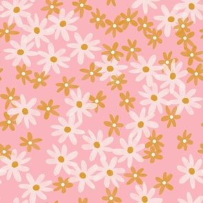 Daisies on pink 24 x 24inch, pretty floral, kids, nursery, children Large scale for wallpaper and bed linen