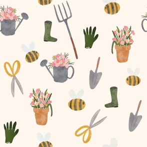 Garden pattern neutral 6 x 6 inch small scale, cute, gardening, bee, floral, gumboots, wellington boots, shovel, rake, 