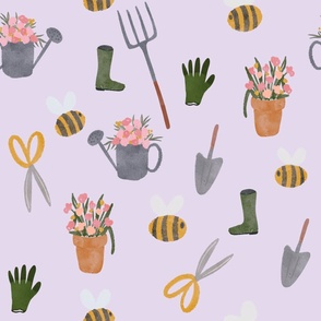 Garden pattern lilac purple 7 x 7 inch small scale, cute, gardening, bee, floral, gumboots, wellington boots, shovel, rake, 