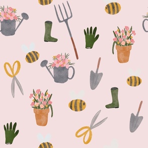 Garden pattern pink 4 x 4 inch small scale, cute, gardening, bee, floral, gumboots, wellington boots, shovel, rake, 