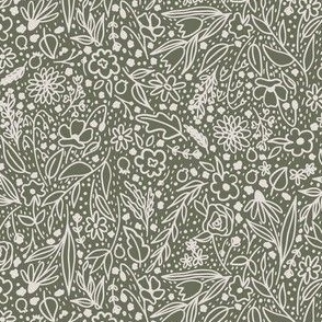 green garden wonderland, 8 x 4 inch fabric olive green, sage green, line drawing florals, baby, nursery, pretty