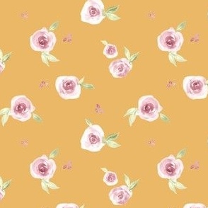 watercolor roses on yellow, small scale, micro, 3.6 x 3.6 inch fabric, large scale wallpaper