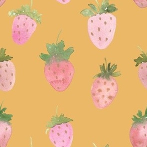 Pink watercolor strawberries on yellow 7 x 7 inch fabric, large scale wallpaper, strawberry