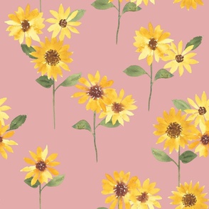 yellow watercolor sunflowers on dusty pink / large jumbo scale / for bedding and wallpaper