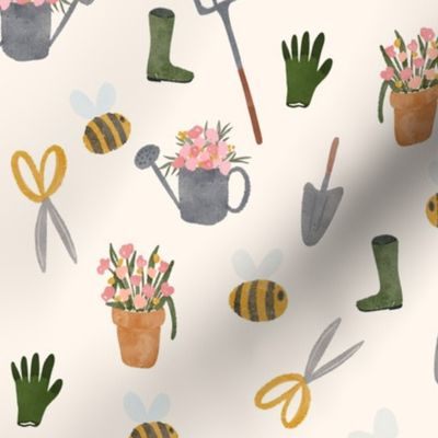 Gardening on cream with gouache scissors, watering cans, rain boots, bees and trowels for gardeneing fans