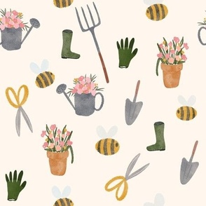 Gardening in cream 9 x 9 inch, gumboot, welly, bee, floral, flower pot, rake, shovel, glove