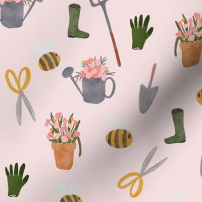 Gardening in pink 9 x 9 inch, gumboot, welly, bee, floral, flower pot, rake, shovel, glove