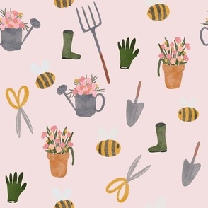 Gardening in pink 9 x 9 inch, gumboot, welly, bee, floral, flower pot, rake, shovel, glove