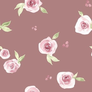 Watercolor roses dusty rose scattered pattern - medium scale- wallpaper 24 inch and fabric 10.5 inch