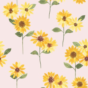Yellow watercolor sunflowers on pale pink / large jumbo / for bedding and wallpaper