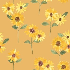 Watercolor Sunflowers on yellow medium fabric / large wallpaper