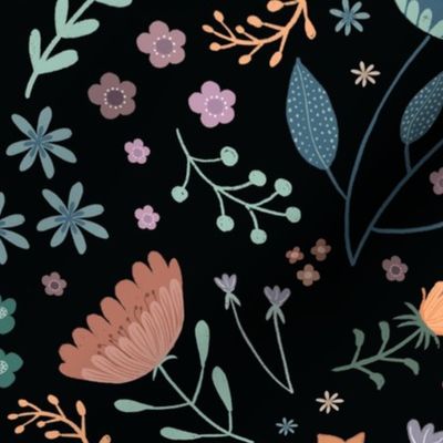 Whimsical folk art garden flowers- black background