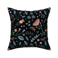 Whimsical folk art garden flowers- black background