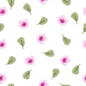Cherry Blossoms-tossed flowers in tones of pink with falling green leaves on a white background.